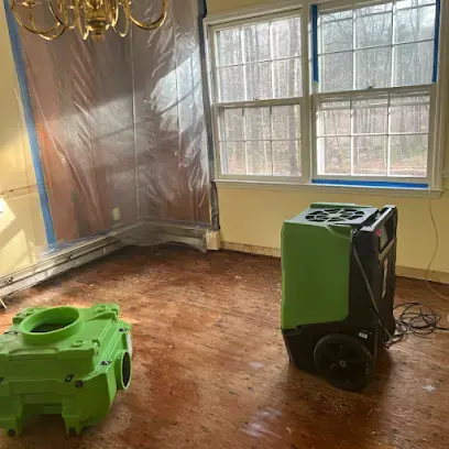 Green dehumidifier and air mover drying a wood floor beside tall windows during a water damage job in Freehold, NJ