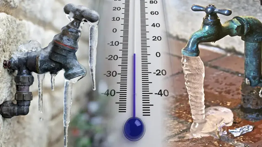 Icicles on a frozen outdoor faucet beside a thermometer showing deep cold, the kind of freeze that splits pipes in Monroe Township