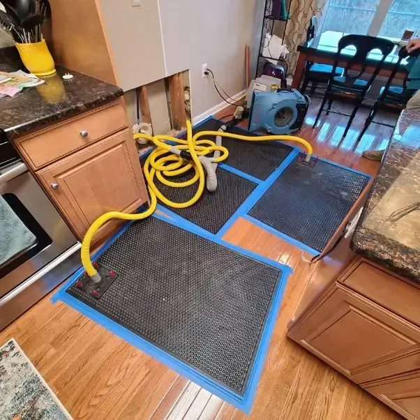 Floor drying mats and hoses set on a wet hardwood floor in a Monroe Township kitchen