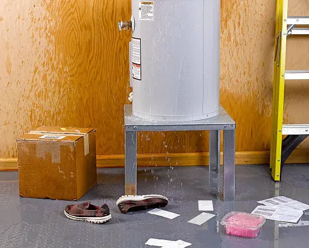 Water pooled on the floor around a water heater stand in a Monroe Township utility room